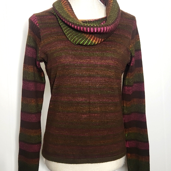 Merino wool cowl neck rainbow Italian knit vintage boho hippie sweater medium - Picture 3 of 11